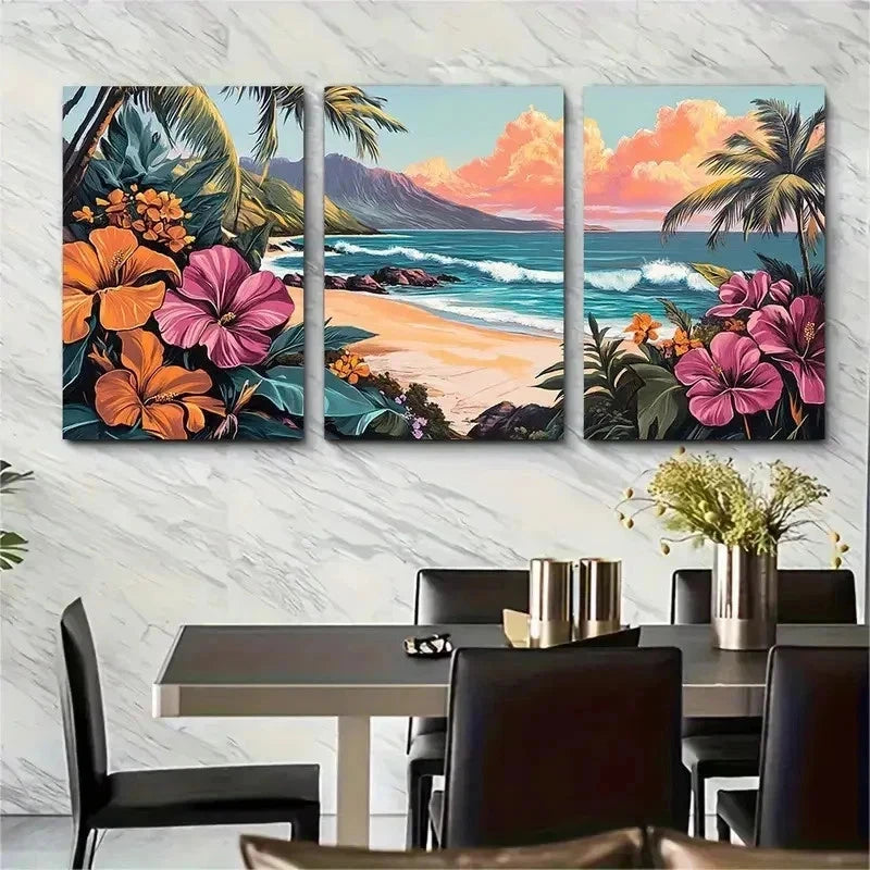 3pcs Vintage Tropical Hawaii Floral Perfect Wall Art Set Canvas Framed 50x70cm - High Quality Print 100% Australian Made Wall Canvas Ready to Hang