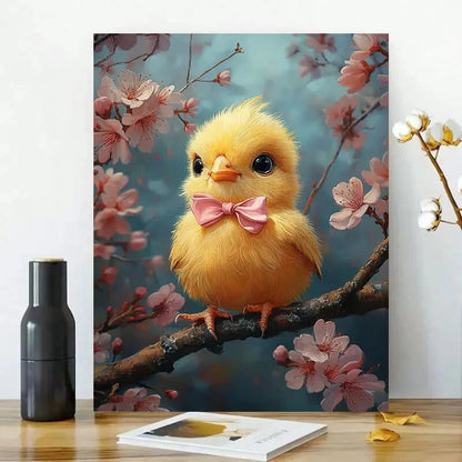 Cute Yellow Chick with an Adorable Pink Bow Sitting  40x60cm Metal Print Ready to Hang - Bella Home Decor