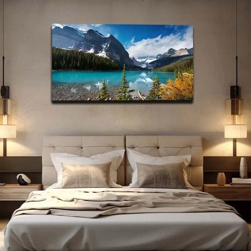 Serene Mountain Lake Wall Art Canvas Office Home Room Framed 120x60cm