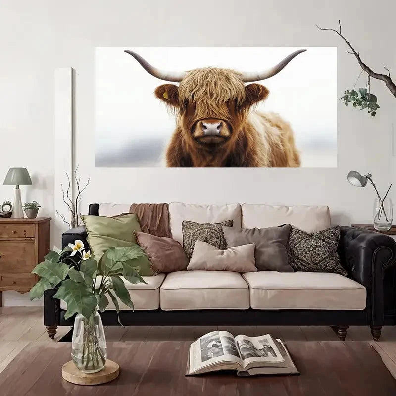 Highland Cow Portrait Wall Art Canvas Office Home Room Framed 120x60cm