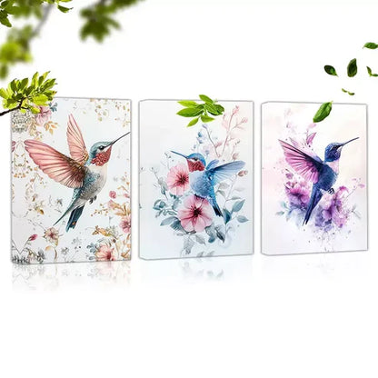 3pcs Colorful Plants And Hummingbird Flying  Art Set Canvas Unframed - High Quality Print 100% Australian Made Wall Canvas - Bella Home Decor
