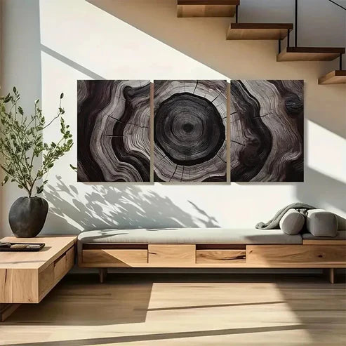 3pcs Deep Espresso & Beige Tree Ring Wall Art Canvas Unframed - High Quality Print 100% Australian Made Wall Canvas - Bella Home Decor