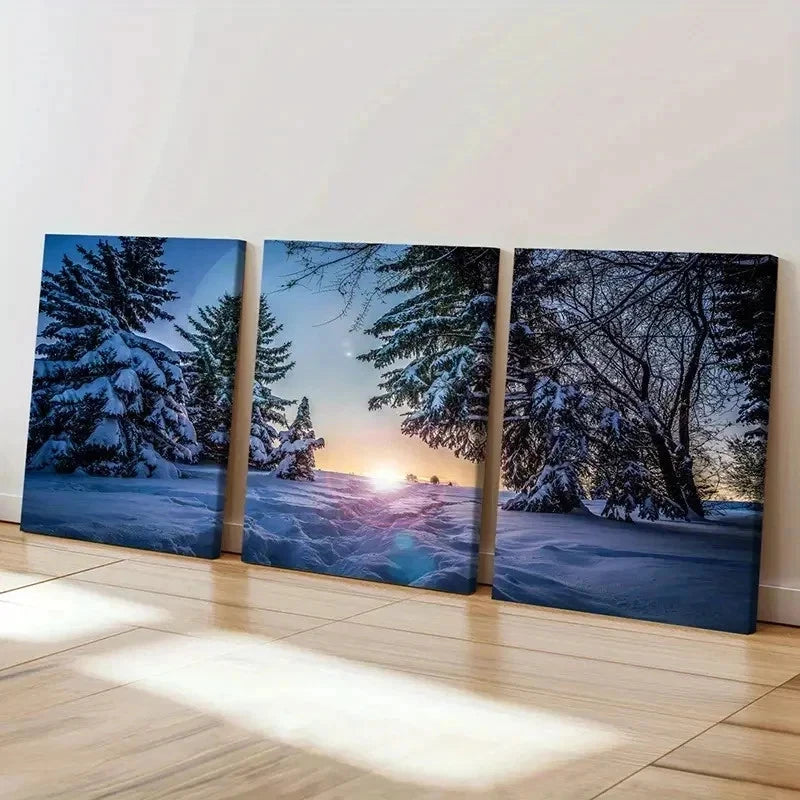 3pcs Winter Snow Scene Woods Sunrise Wall Art Set Canvas Framed 50x70cm - High Quality Print 100% Australian Made Wall Canvas Ready to Hang - Bella Home Decor