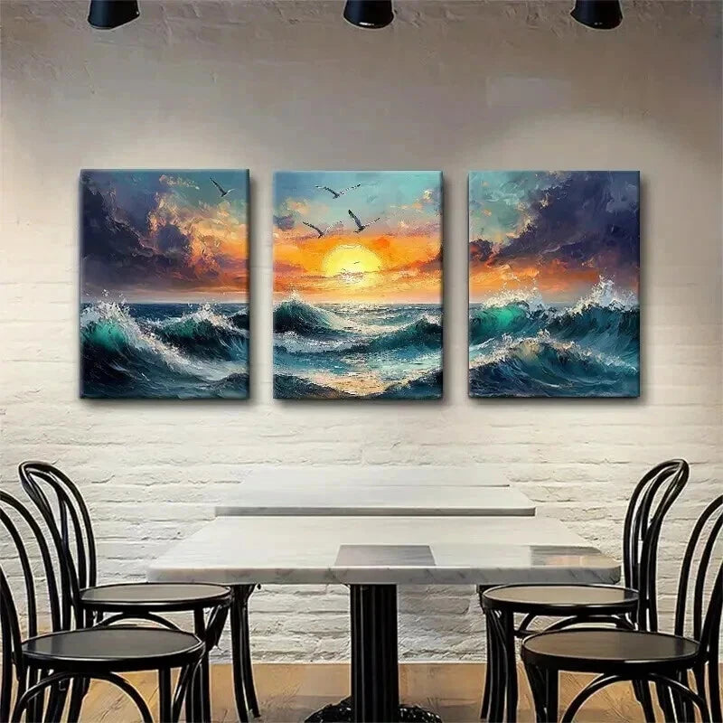 3pcs Ocean Sunset  Fiery Sky & Seagulls Perfect Wall Art Set Canvas Framed 50x70cm - High Quality Print 100% Australian Made Wall Canvas Ready to Hang