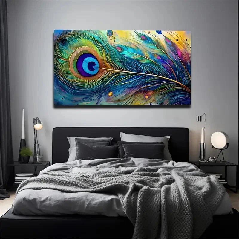 Peacock Feathers Suitable Wall Art Canvas Office Home Room Framed 120x60cm