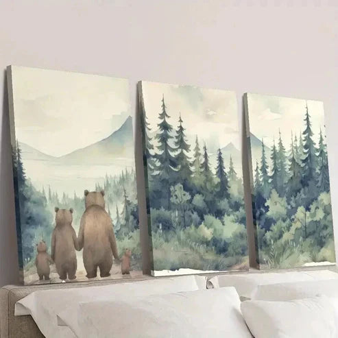 3pcs Bear Family in Forest Portrait Decor Wall Art Set Canvas Unframed - High Quality Print 100% Australian Made Wall Canvas - Bella Home Decor
