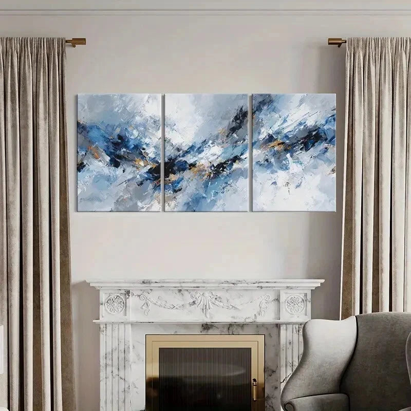 3pcs Abstract Art Blue White Textured Poster Metal Print Ready to Hang Art - Bella Home Decor