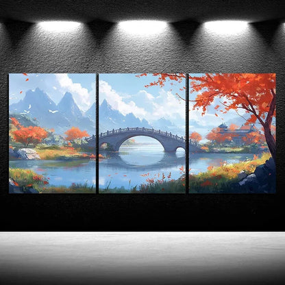 3pcs The Stone Bridge On The Lake Modern Nature Metal Print Ready to Hang Art