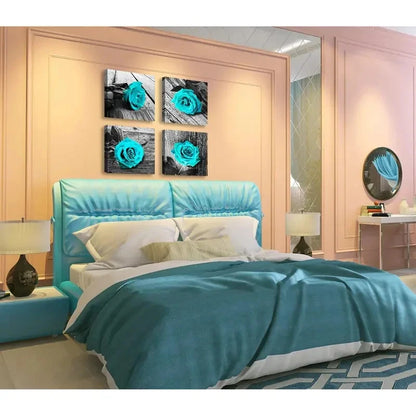 4pcs Teal Wall Decor Rose Flower Wall Art Canvas Framed
