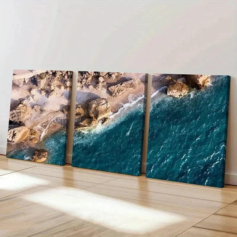3pcs Sea Waves Coastline Rocks Decor Wall Art Set Canvas Framed 60x90cm - High Quality Print 100% Australian Made Wall Canvas Ready to Hang