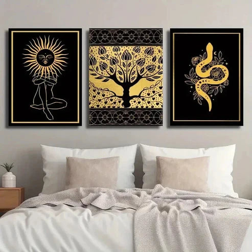 3pcs Black And Golden Witchcraft Painting Wall Art Canvas Unframed - High Quality Print 100% Australian Made Wall Canvas - Bella Home Decor