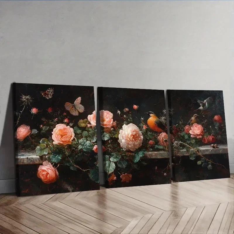 3pcs Roses Thistles and Birds Decoration Wall Art Set Canvas Framed 50x70cm - High Quality Print 100% Australian Made Wall Canvas Ready to Hang