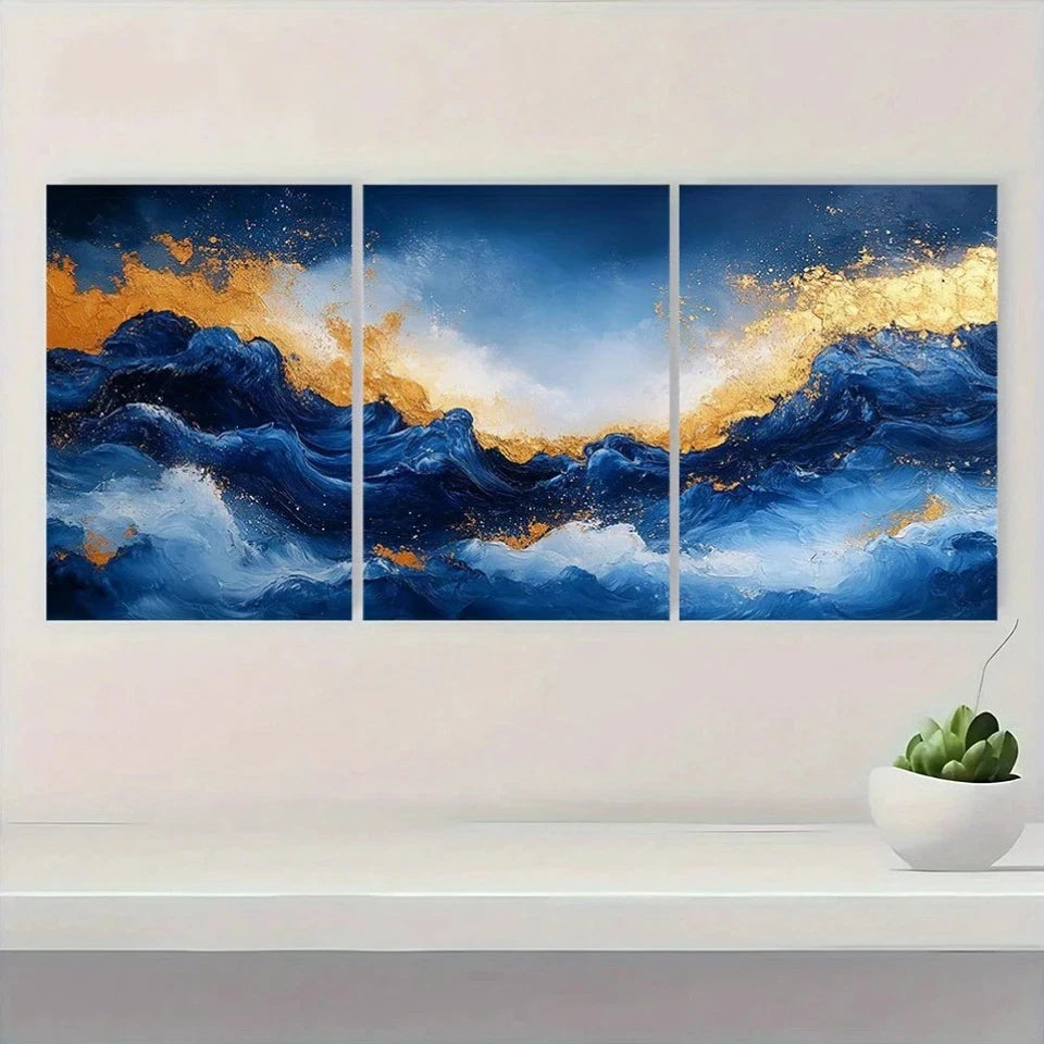 3pcs Blue and Golden Abstract Painting Metal Print Ready to Hang Art