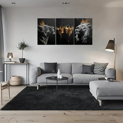 3pcs Modern Black & Golden Lion Crown Accent Metal Print Ready to Hang Art - Bella Home Decor