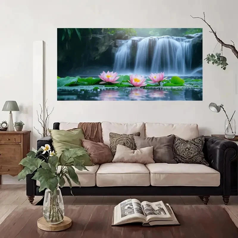 Waterfall for Lotus Flowers Wall Art Canvas Office Home Room Framed 120x60cm