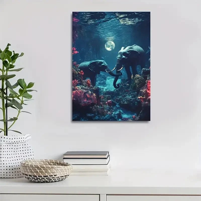 Cyberpunk Elephant Underwater Vibrant Coral Painting 40x60cm Metal Print Ready to Hang - Bella Home Decor