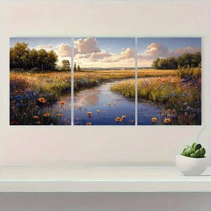 3pcs Dewy Meadow Gouache Peaceful Pastel Wall Art Canvas Unframed - High Quality Print 100% Australian Made Wall Canvas - Bella Home Decor