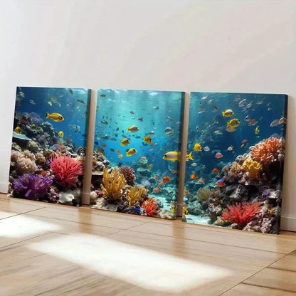 3pcs Marine Life Coral Reef Schools Of Fish Wall Art Set Canvas Framed 50x70cm - High Quality Print 100% Australian Made Wall Canvas Ready to Hang