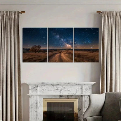 3pcs Night Scene Road Under The Star Wall Art Set Canvas Framed 50x70cm - High Quality Print 100% Australian Made Wall Canvas Ready to Hang