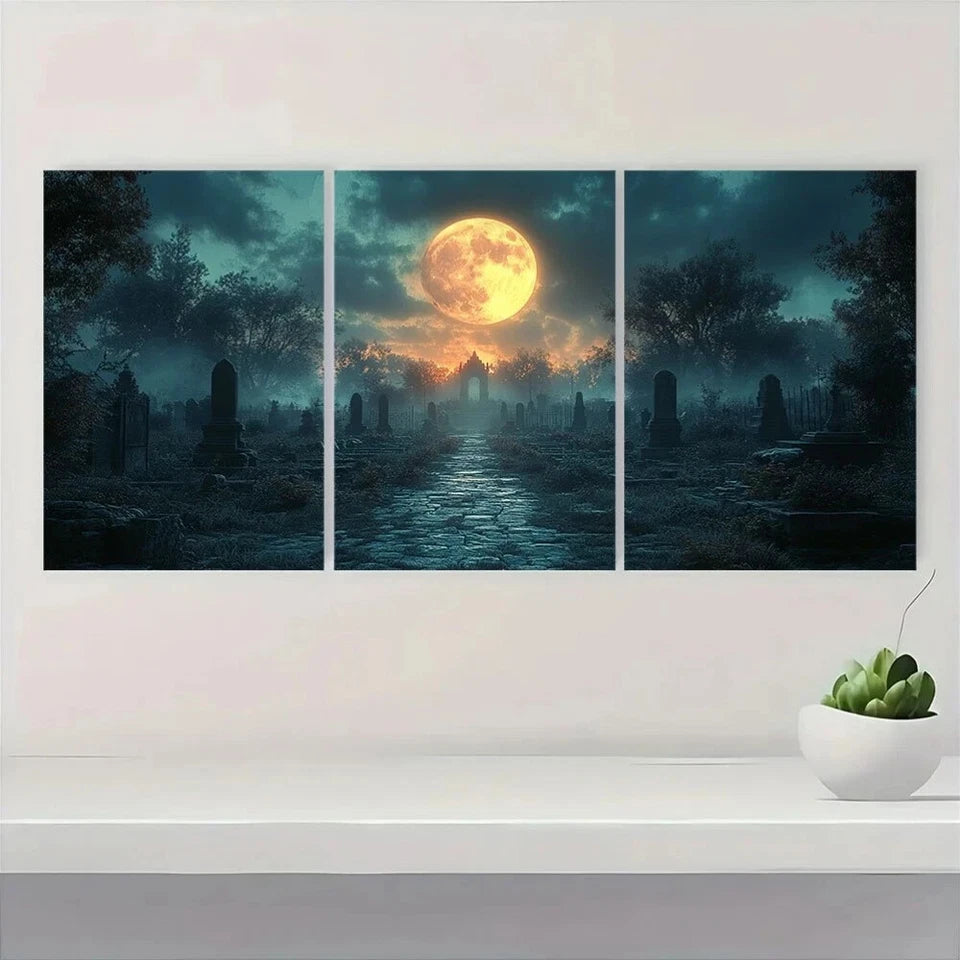 3pcs Halloween Cemetery at Night Metal Print Ready to Hang Art - Bella Home Decor