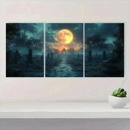 3pcs Halloween Cemetery at Night Metal Print Ready to Hang Art - Bella Home Decor