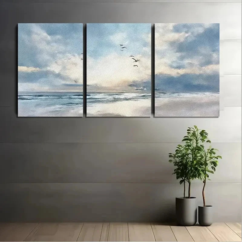 3pcs Serene Beach & Ocean Watercolor Birds Wall Art Set Canvas Framed 50x70cm - High Quality Print 100% Australian Made Wall Canvas Ready to Hang