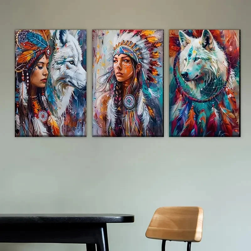 3pcs Three Indian Women with Feathers Wall Art Set Canvas Framed 60x90cm - High Quality Print 100% Australian Made Wall Canvas Ready to Hang - Bella Home Decor