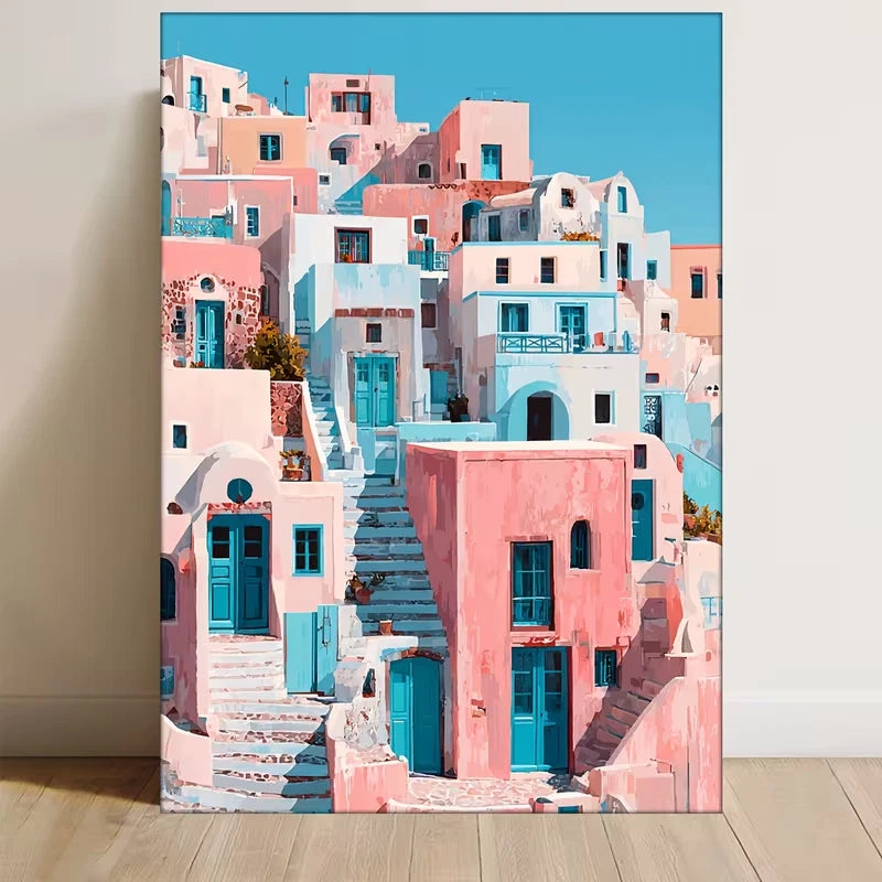 Pastel Pink & Blue Mediterranean Village Painting 60x90cm Metal Print Ready to Hang