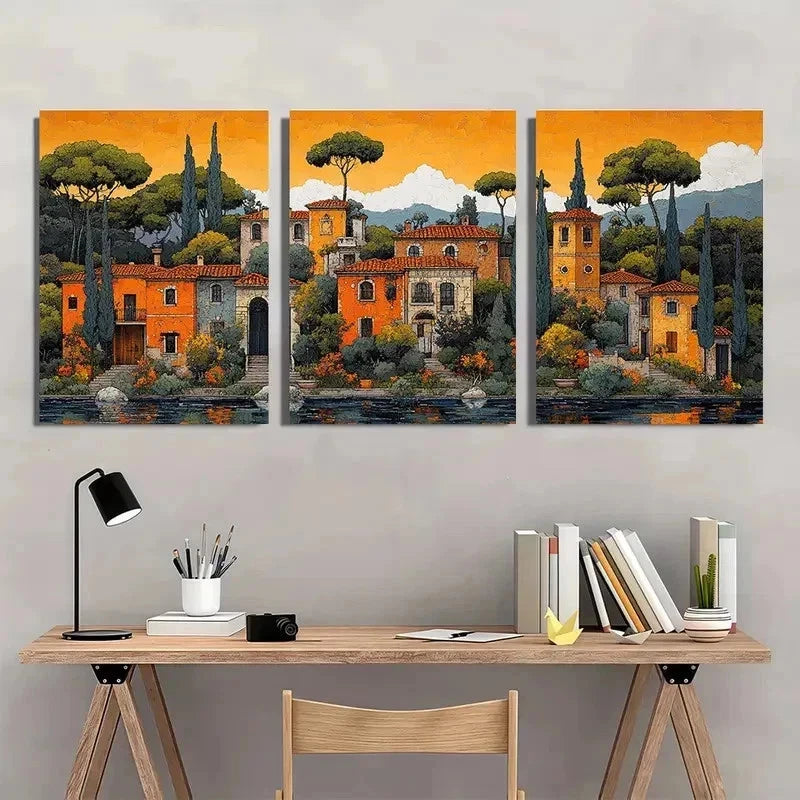 3pcs Whimsical Italian Landscape Pastel Perfect Wall Art Set Canvas Framed 60x90cm - High Quality Print 100% Australian Made Wall Canvas Ready to Hang - Bella Home Decor