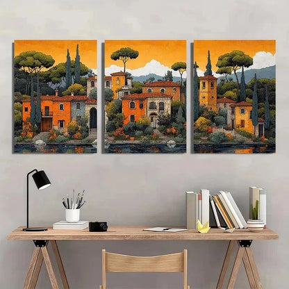 3pcs Whimsical Italian Landscape Pastel Perfect Wall Art Set Canvas Framed 60x90cm - High Quality Print 100% Australian Made Wall Canvas Ready to Hang - Bella Home Decor