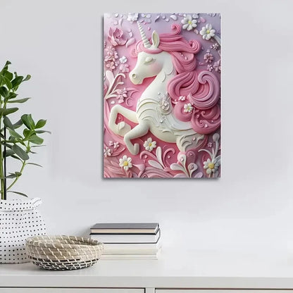 Cute Unicorn Heart Blossoms Painting 40x60cm Metal Print Ready to Hang - Bella Home Decor