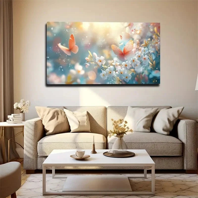 Orange Butterfly White Flower Wall Art Canvas Office Home Room Framed 120x60cm