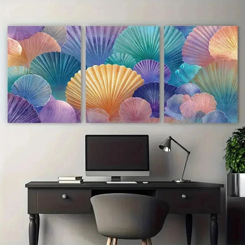 3pcs Warm Orange & Blue Shells Beach Perfect Wall Art Set Canvas Framed 50x70cm - High Quality Print 100% Australian Made Wall Canvas Ready to Hang