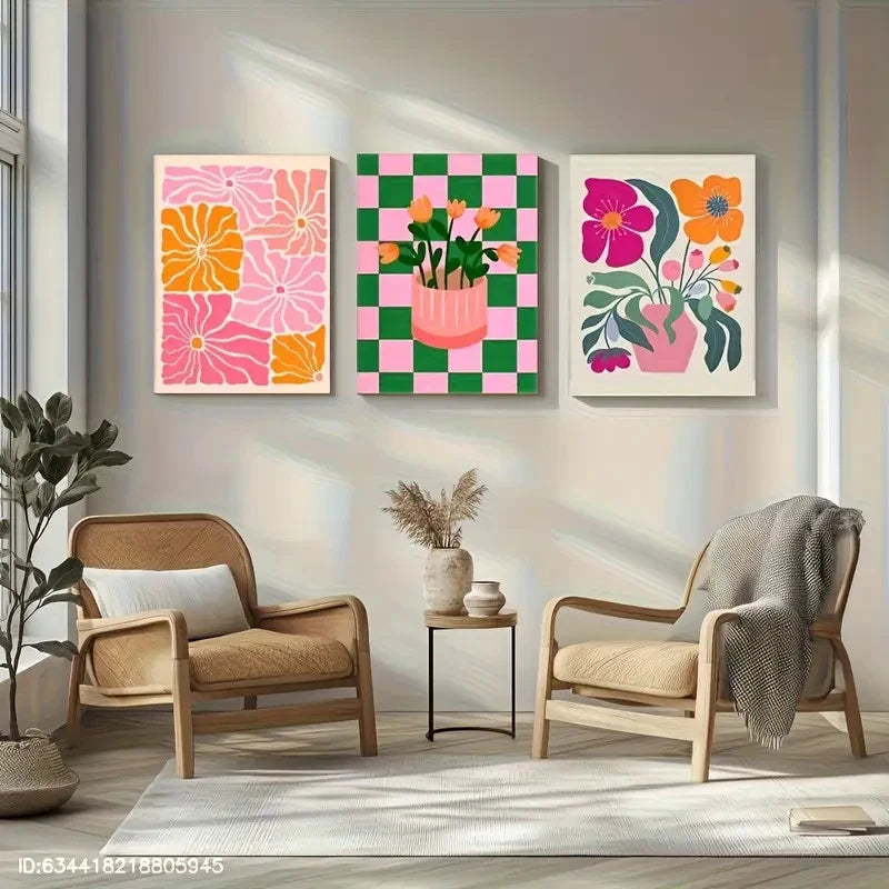 3pcs Vibrant Floral Colorful Abstract Style Metal Print Ready to Hang Art