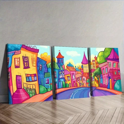3 PCS Cartoon Town Colorful Background Wall Art Set Canvas Unframed - High Quality Print 100% Australian Made Wall Canvas
