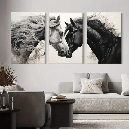 3pcs Black And White Horse Elegant Décor Perfect Wall Art Set Canvas Framed 40x60cm - High Quality Print 100% Australian Made Wall Canvas Ready to Hang - Bella Home Decor