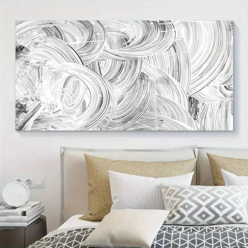 White Stain Design Swirl Wall Art Canvas Office Home Room Framed 120x60cm