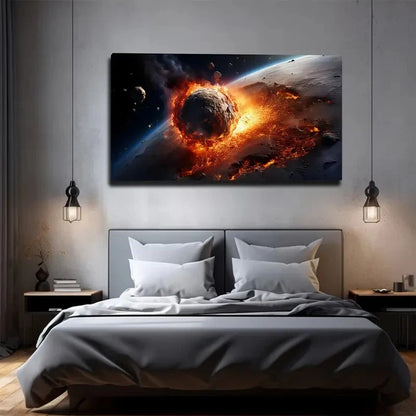 Dramatic Asteroid Impact Scene Wall Art Canvas Office Home Room Framed 120x60cm