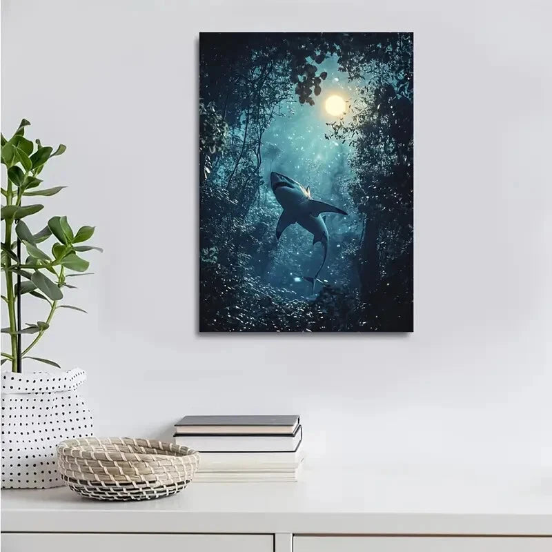 Enchanting Shark Forest Scene with Moonlight Painting 40x60cm Metal Print Ready to Hang - Bella Home Decor