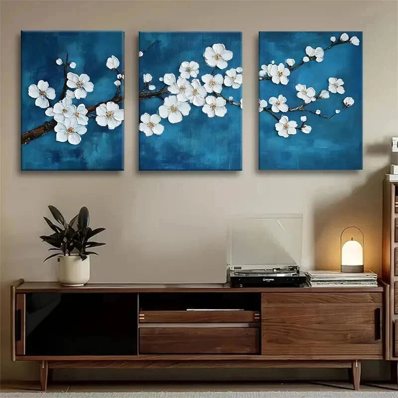 3pcs White Cherry Blossom Elegant Floral Perfect Wall Art Set Canvas Framed 60x90cm - High Quality Print 100% Australian Made Wall Canvas Ready to Hang - Bella Home Decor