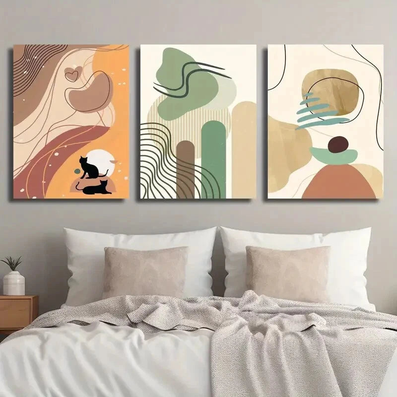 3pcs Animal Cat Illustration Stylish Perfect Wall Art Set Canvas Framed 40x60cm - High Quality Print 100% Australian Made Wall Canvas Ready to Hang - Bella Home Decor