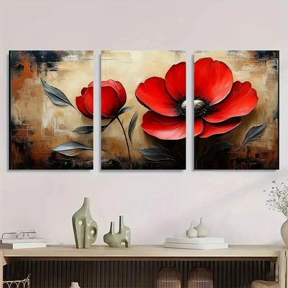 3pcs Red Flower Beige Vintage Perfect Wall Art Set Canvas Framed 60x90cm - High Quality Print 100% Australian Made Wall Canvas Ready to Hang