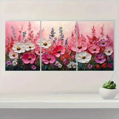 3pcs Pink Meadow Wildflowers with White HK  Wall Art Set Canvas Unframed - High Quality Print 100% Australian Made Wall Canvas - Bella Home Decor