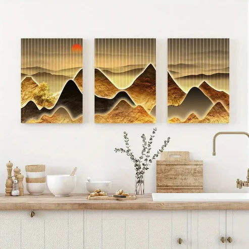 3pcs Golden Mountain Scenery with Sunset Wall Art Set Canvas Unframed - High Quality Print 100% Australian Made Wall Canvas - Bella Home Decor