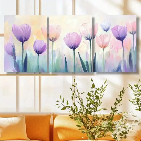 3pcs Vibrant Pink & Purple Tulips Decoration Wall Art Set Canvas Unframed - High Quality Print 100% Australian Made Wall Canvas