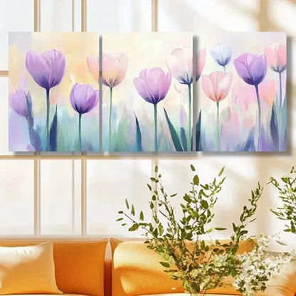 3pcs Vibrant Pink & Purple Tulips Decoration Wall Art Set Canvas Unframed - High Quality Print 100% Australian Made Wall Canvas