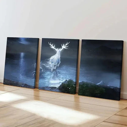 3pcs Enchanted Forest Scene with Glowing Deer Wall Art Set Canvas Unframed - High Quality Print 100% Australian Made Wall Canvas
