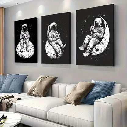3 PCS Astronaut On Moon In Black And White Wall Art Set Canvas Unframed - High Quality Print 100% Australian Made Wall Canvas