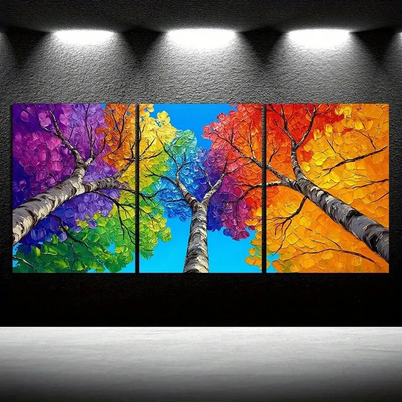 3pcs Colorful Trees Blue Sky Yellow Red Metal Print Ready to Hang Art - Bella Home Decor