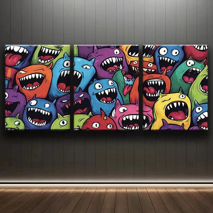 3pcs Whimsical Cartoon Monsters Wall Art Set Canvas Framed 50x70cm - High Quality Print 100% Australian Made Wall Canvas Ready to Hang